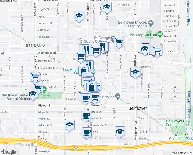 map of restaurants, bars, coffee shops, grocery stores, and more near Flora Vista Street in Bellflower