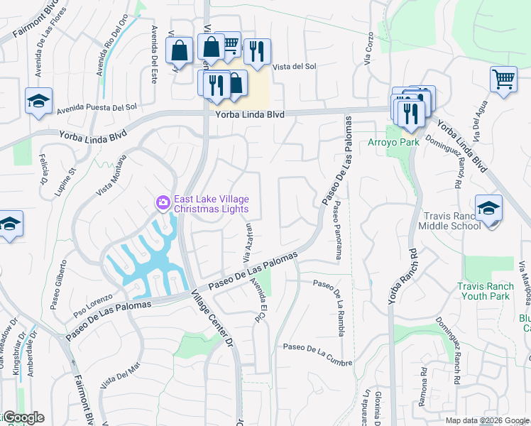 map of restaurants, bars, coffee shops, grocery stores, and more near 5250 Vía Brumosa in Yorba Linda