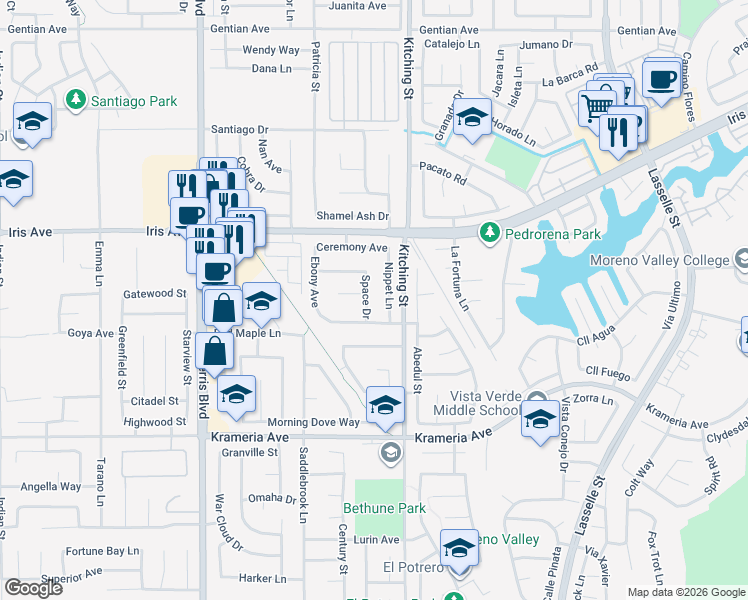 map of restaurants, bars, coffee shops, grocery stores, and more near 16170 Space Drive in Moreno Valley