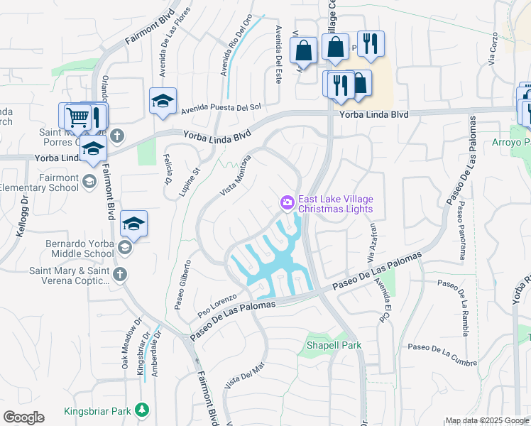 map of restaurants, bars, coffee shops, grocery stores, and more near 5185 Vía Margarita in Yorba Linda