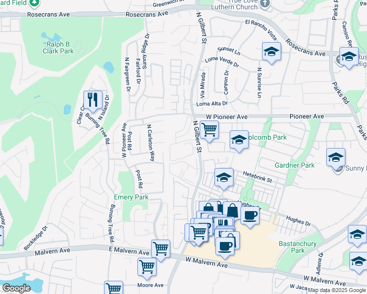 map of restaurants, bars, coffee shops, grocery stores, and more near 1421 North Gilbert Street in Fullerton