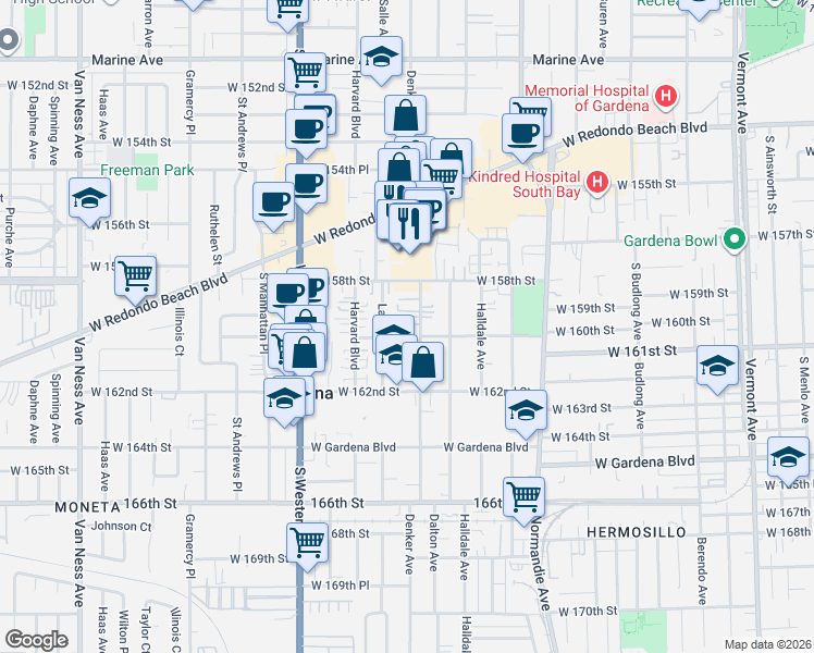 map of restaurants, bars, coffee shops, grocery stores, and more near 15925 Denker Avenue in Gardena