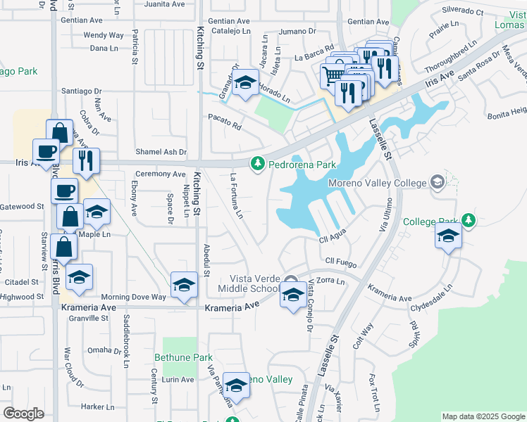 map of restaurants, bars, coffee shops, grocery stores, and more near 16135 Rancho Del Lago in Moreno Valley