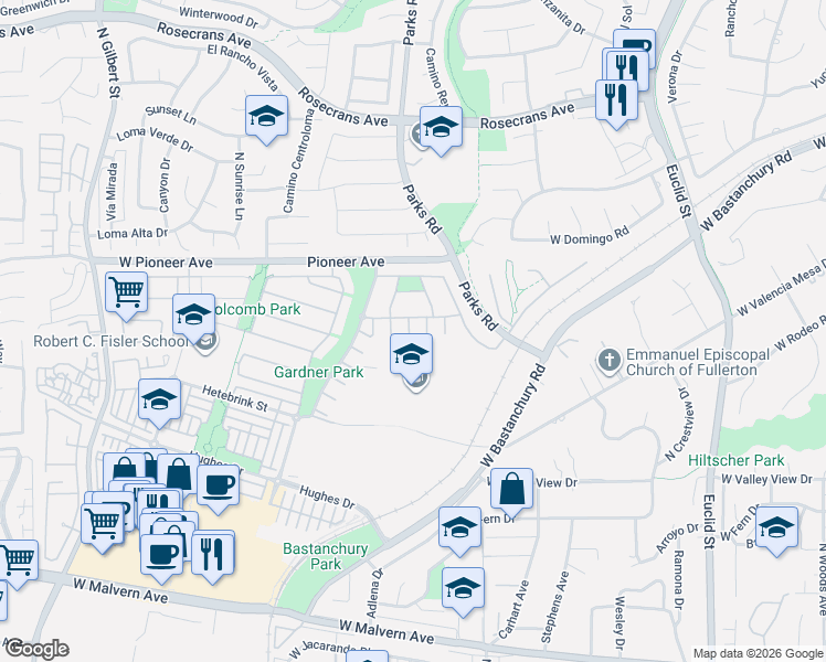 map of restaurants, bars, coffee shops, grocery stores, and more near 1318 Lukens Court in Fullerton