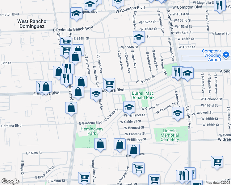map of restaurants, bars, coffee shops, grocery stores, and more near 2713 West Alondra Boulevard in Compton