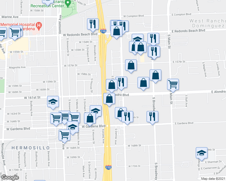 map of restaurants, bars, coffee shops, grocery stores, and more near South Denver Avenue in Los Angeles