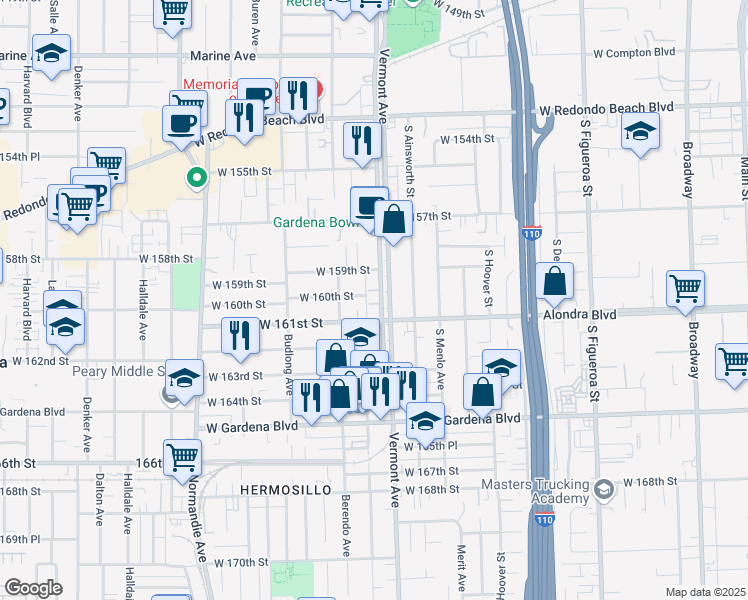 map of restaurants, bars, coffee shops, grocery stores, and more near 16001 South Vermont Avenue in Gardena
