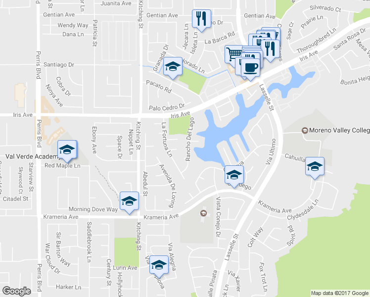 map of restaurants, bars, coffee shops, grocery stores, and more near 16135 Rancho Del Lago in Moreno Valley
