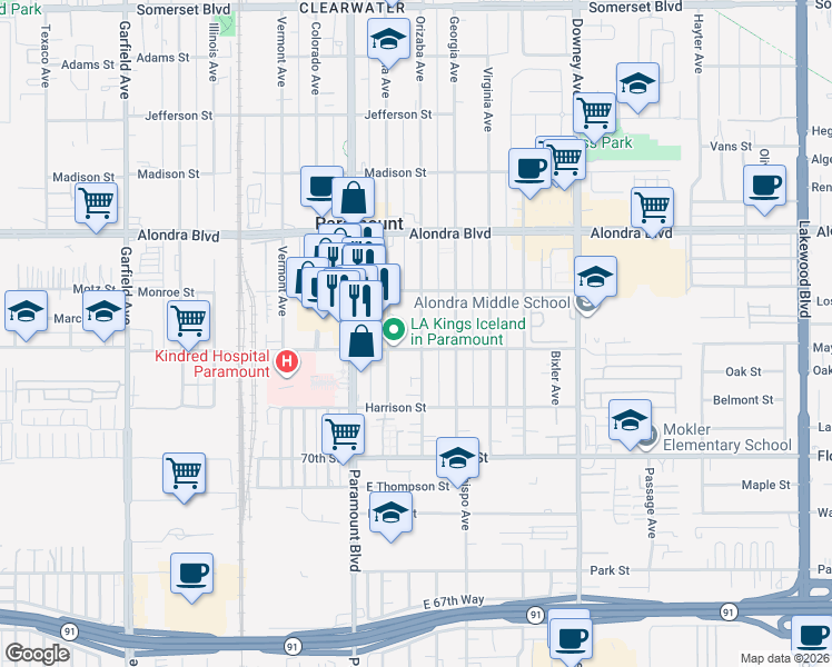 map of restaurants, bars, coffee shops, grocery stores, and more near 16215 Orizaba Avenue in Paramount