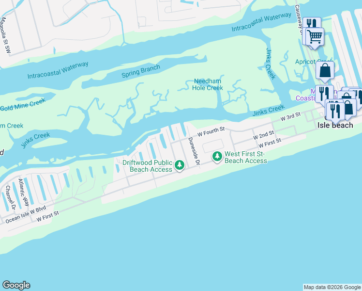 map of restaurants, bars, coffee shops, grocery stores, and more near 26 Isle Plaza in Ocean Isle Beach