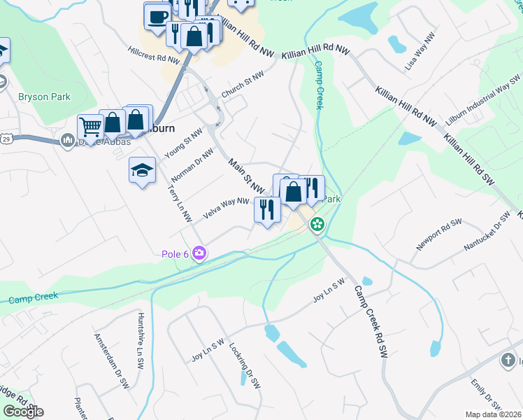 map of restaurants, bars, coffee shops, grocery stores, and more near 4845 Velva Way Northwest in Lilburn