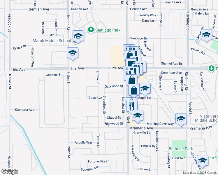 map of restaurants, bars, coffee shops, grocery stores, and more near 24819 Gatewood Street in Moreno Valley