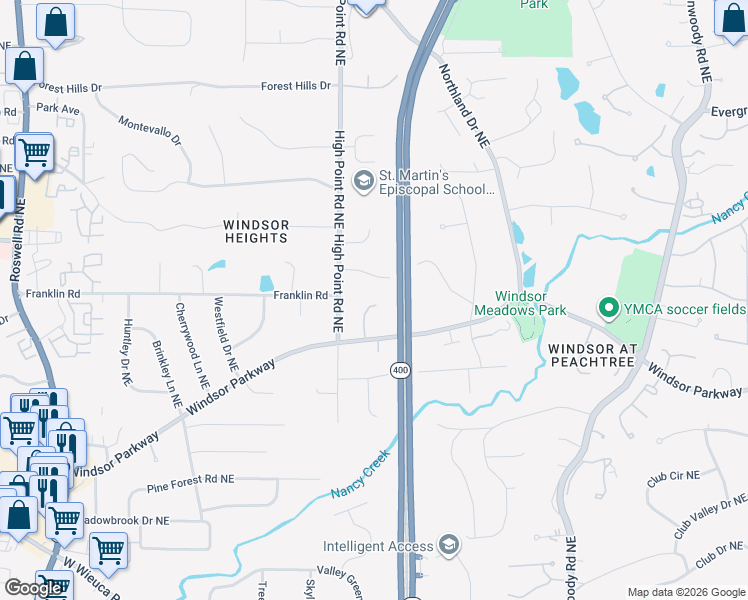 map of restaurants, bars, coffee shops, grocery stores, and more near 654 Old Windsor Parkway in Atlanta