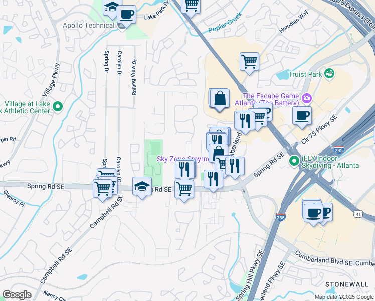 map of restaurants, bars, coffee shops, grocery stores, and more near 2744 Bell Drive Southeast in Smyrna