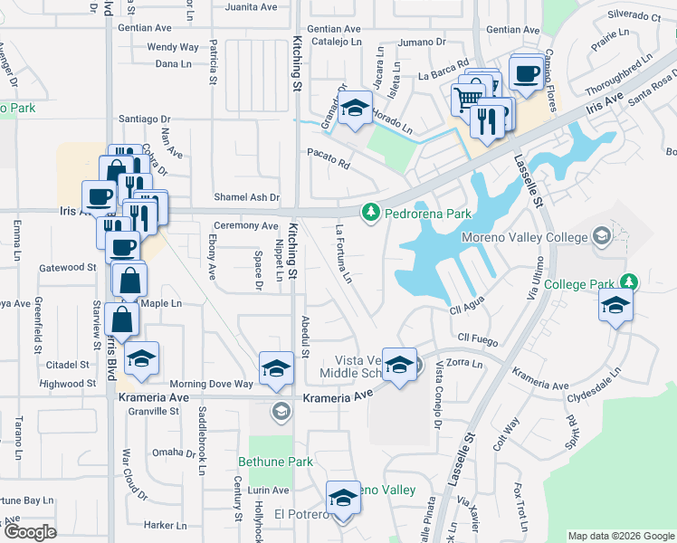 map of restaurants, bars, coffee shops, grocery stores, and more near 25563 Ranchita Circle in Moreno Valley