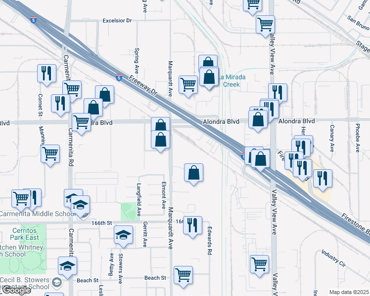 map of restaurants, bars, coffee shops, grocery stores, and more near 16028 Marquardt Avenue in Cerritos