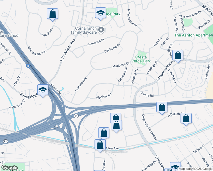 map of restaurants, bars, coffee shops, grocery stores, and more near 1454 Cresta Road in Corona