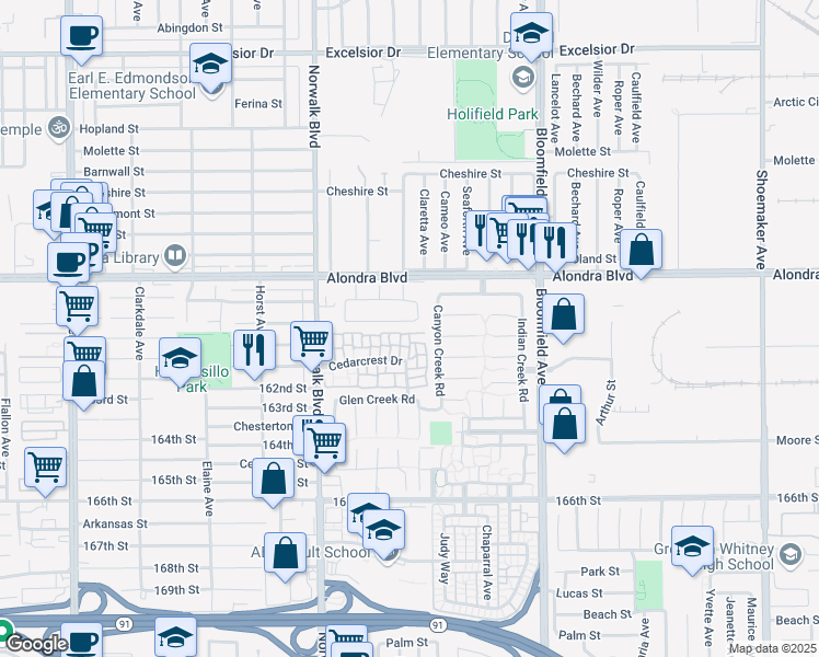 map of restaurants, bars, coffee shops, grocery stores, and more near 12332 160th Street in Norwalk