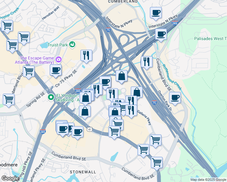 map of restaurants, bars, coffee shops, grocery stores, and more near 300 Galleria Parkway in Atlanta