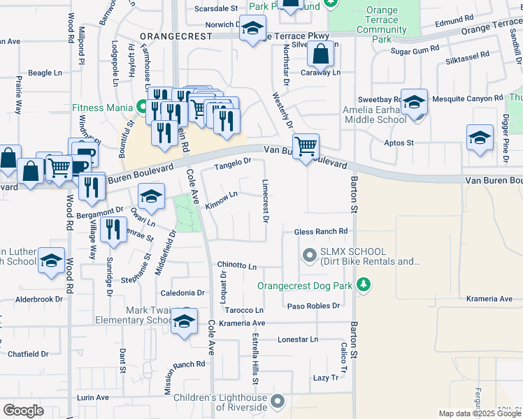 map of restaurants, bars, coffee shops, grocery stores, and more near 9103 Limecrest Drive in Riverside