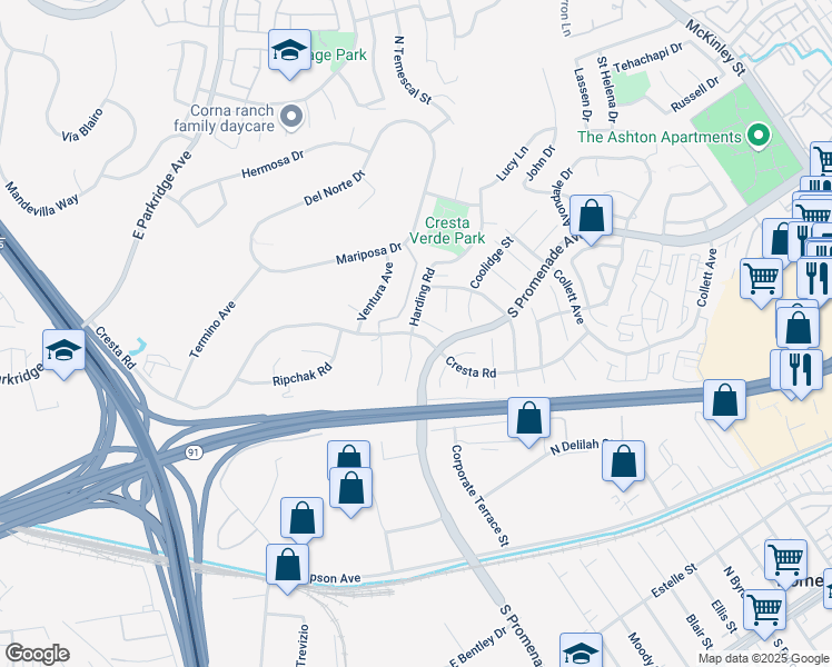 map of restaurants, bars, coffee shops, grocery stores, and more near 1601 Knox Circle in Corona