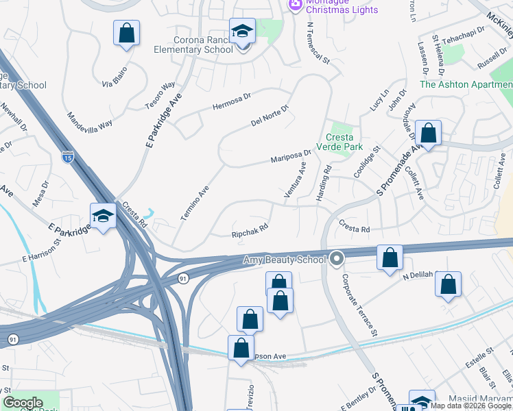 map of restaurants, bars, coffee shops, grocery stores, and more near 1449 Cresta Road in Corona