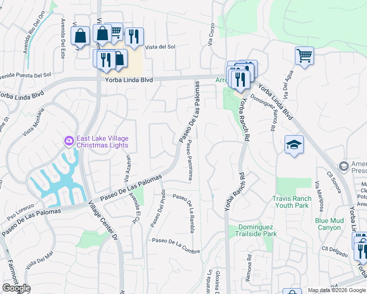 map of restaurants, bars, coffee shops, grocery stores, and more near 20800 Paseo Alto in Yorba Linda