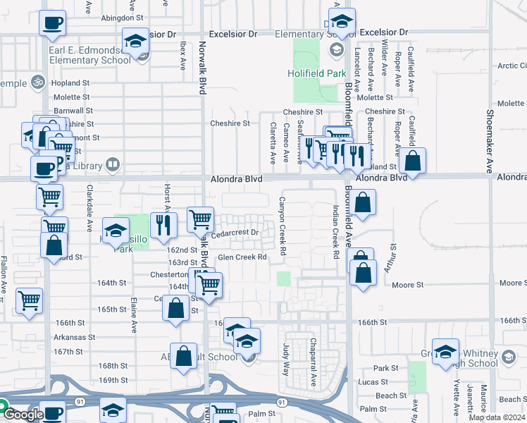 map of restaurants, bars, coffee shops, grocery stores, and more near 12323 160th Street in Norwalk