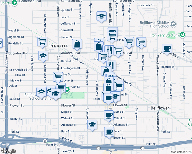 map of restaurants, bars, coffee shops, grocery stores, and more near 9629 Olive Street in Bellflower