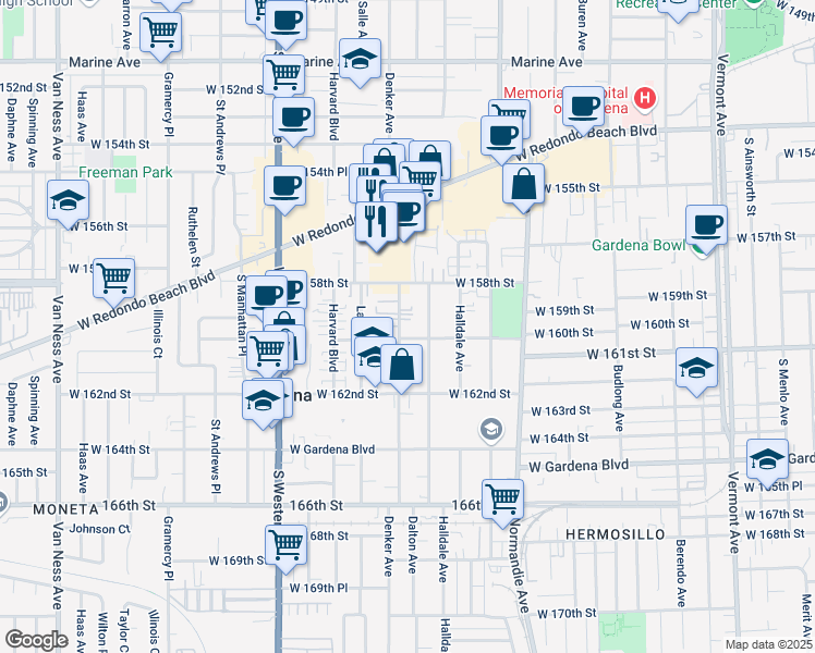 map of restaurants, bars, coffee shops, grocery stores, and more near 15903 Dalton Avenue in Gardena