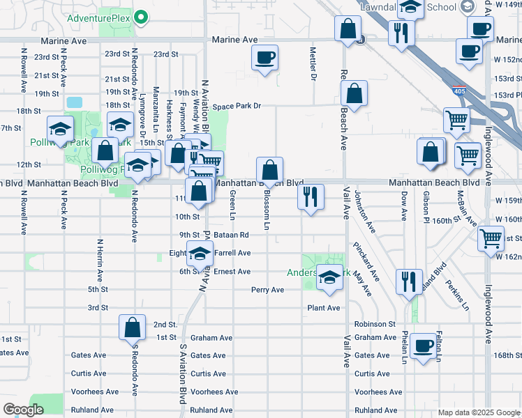 map of restaurants, bars, coffee shops, grocery stores, and more near 2016 Warfield Avenue in Redondo Beach