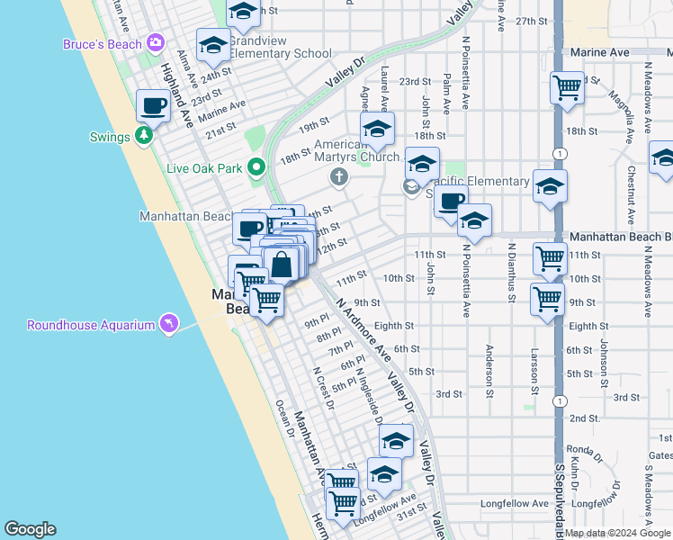 map of restaurants, bars, coffee shops, grocery stores, and more near in Manhattan Beach