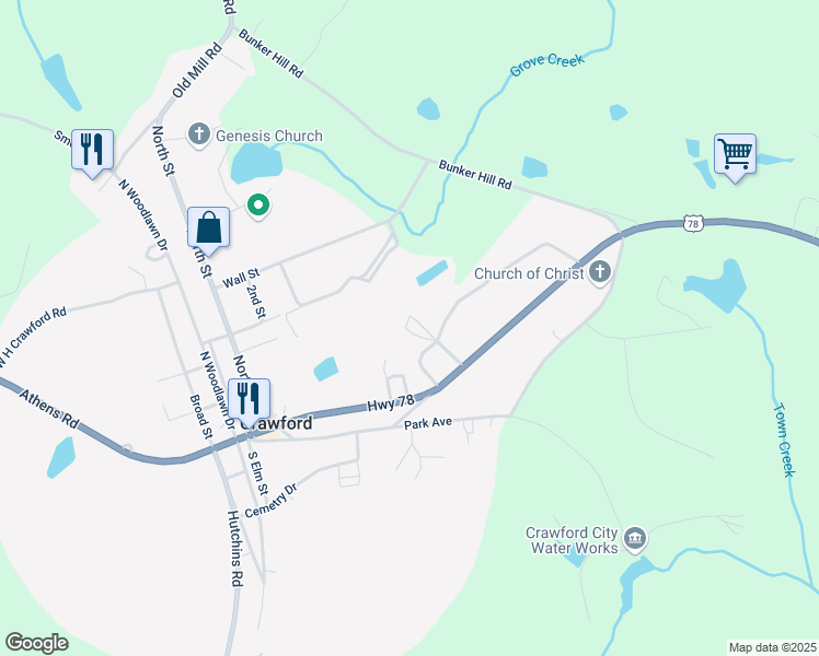 map of restaurants, bars, coffee shops, grocery stores, and more near 133 Wheeler Circle in Crawford