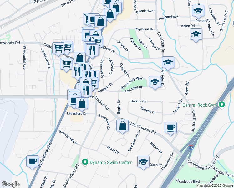 map of restaurants, bars, coffee shops, grocery stores, and more near 3258 Raymond Drive in Doraville