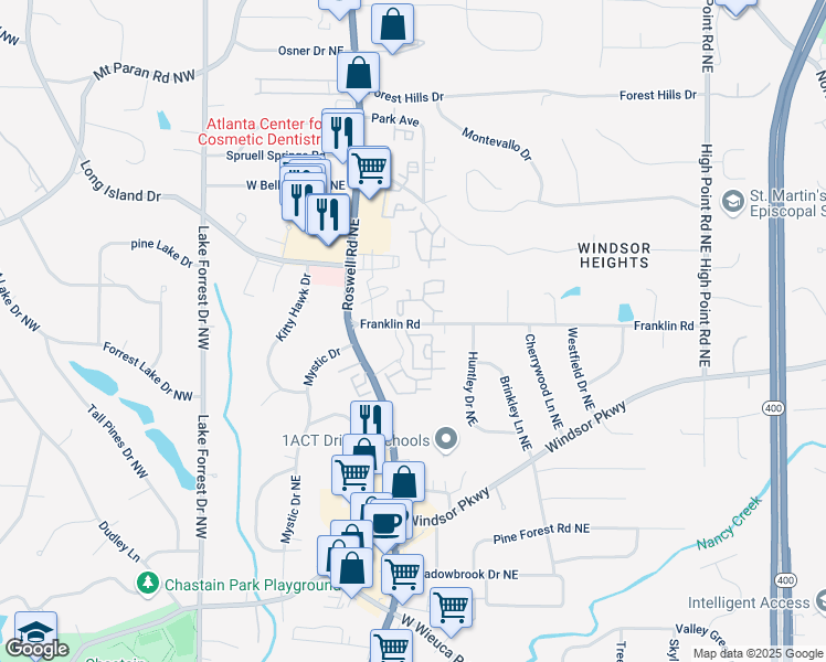 map of restaurants, bars, coffee shops, grocery stores, and more near 247 Franklin Road in Sandy Springs