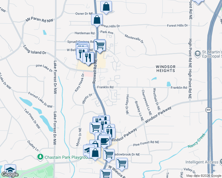 map of restaurants, bars, coffee shops, grocery stores, and more near 410 Summer Terrace Lane Northeast in Atlanta