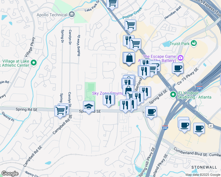 map of restaurants, bars, coffee shops, grocery stores, and more near 2744 Bell Drive Southeast in Smyrna
