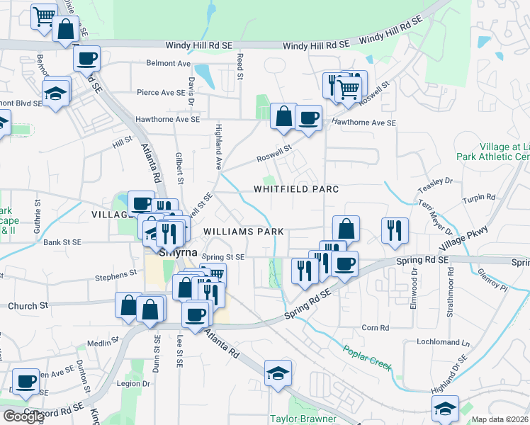 map of restaurants, bars, coffee shops, grocery stores, and more near 2810 North Avenue Southeast in Smyrna