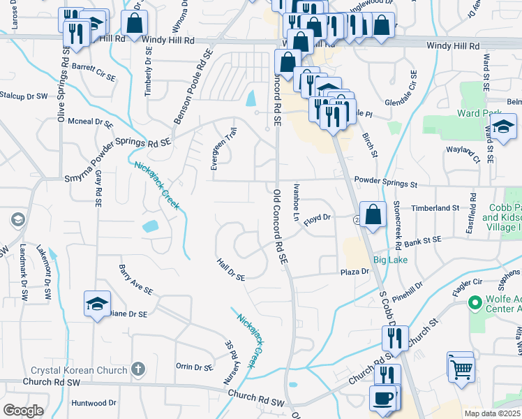 map of restaurants, bars, coffee shops, grocery stores, and more near 1007 Natalie Lane Southeast in Smyrna