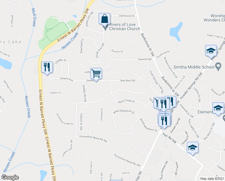 map of restaurants, bars, coffee shops, grocery stores, and more near 2522 Horseshoe Bend Road Southwest in Marietta