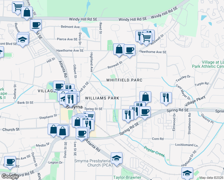 map of restaurants, bars, coffee shops, grocery stores, and more near 2810 North Avenue Southeast in Smyrna