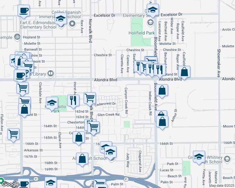 map of restaurants, bars, coffee shops, grocery stores, and more near 12332 160th Street in Norwalk