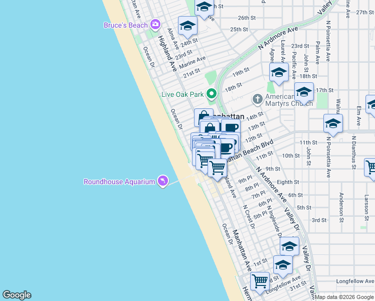 map of restaurants, bars, coffee shops, grocery stores, and more near 1308 The Strand in Manhattan Beach