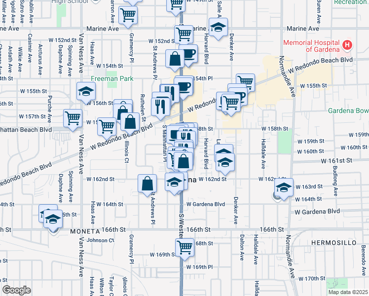 map of restaurants, bars, coffee shops, grocery stores, and more near 15837 South Western Avenue in Gardena