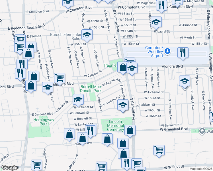 map of restaurants, bars, coffee shops, grocery stores, and more near 2314 West Raymond Street in Compton