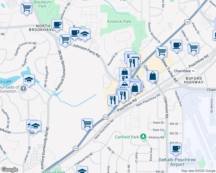 map of restaurants, bars, coffee shops, grocery stores, and more near 2477 Gatebury Circle in Chamblee