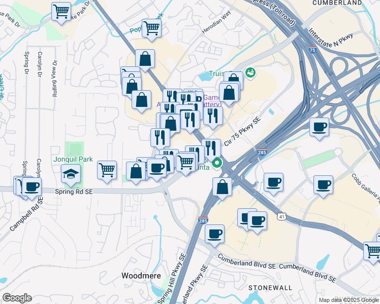 map of restaurants, bars, coffee shops, grocery stores, and more near 2750 Cobb Parkway Southeast in Smyrna