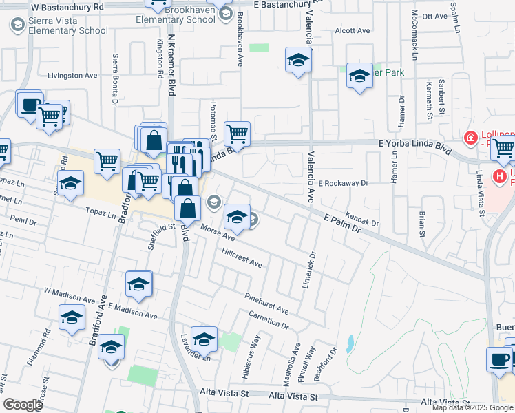 map of restaurants, bars, coffee shops, grocery stores, and more near 439 Normandy Avenue in Placentia