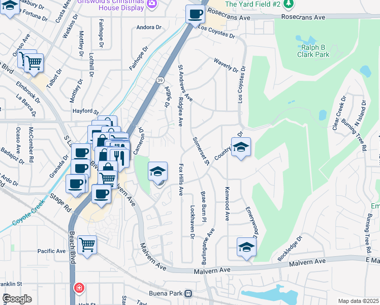 map of restaurants, bars, coffee shops, grocery stores, and more near 8270 Fox Hills Avenue in Buena Park