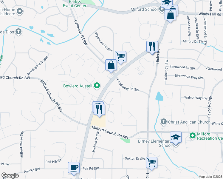 map of restaurants, bars, coffee shops, grocery stores, and more near 1012 Crest Ridge Place Southwest in Marietta